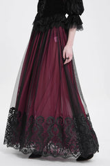 Red Stitching Floral Mesh Women's Gothic Skirt - Red - 1