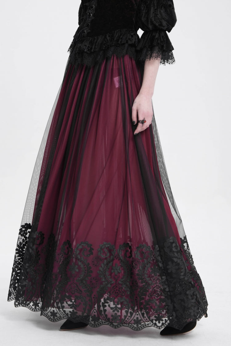 Red Stitching Floral Mesh Women's Gothic Skirt - Red - 1