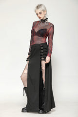 Black/Red Round Collar Long Sleeves Sheer Mesh Tie-dyed Women's Gothic Versatile Basic Top - Product - 11