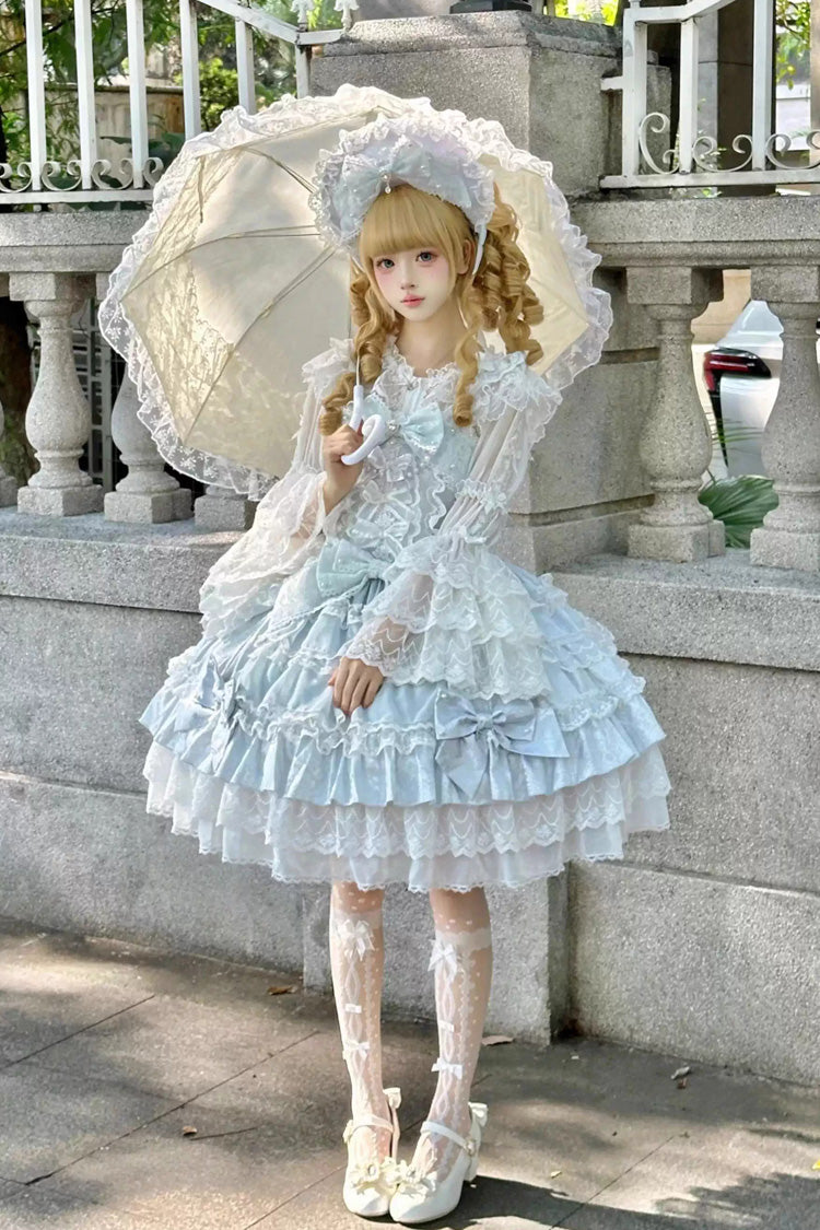 Blue [Dream-Sinking Pearl Veil] Doll-Style Sleeveless Multi-Layered Ruffled Bow Lace Daily Sweet Lolita Dress - Product - 5