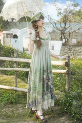 Green [Blooming Roses] Print Oil Painting Chiffon Short Sleeves Ruffle Bowknot Sweet Lolita Dress - Product - 2