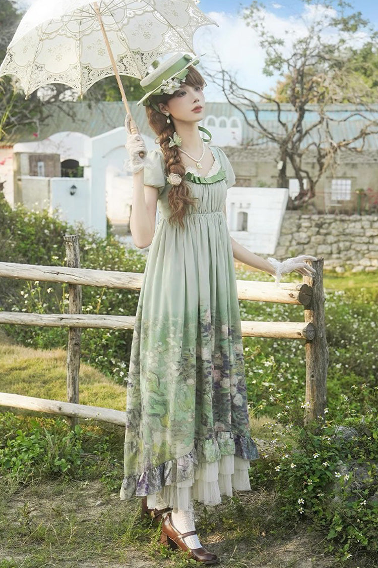 Green [Blooming Roses] Print Oil Painting Chiffon Short Sleeves Ruffle Bowknot Sweet Lolita Dress - Product - 2