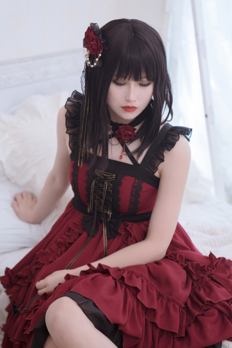Red [Seven Deadly Sins - Wrath] Double-Layered Ruffle Stitching Lace Gothic Lolita Jsk Dress - Product - 3