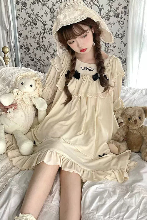 Beige Ruffled Square Collar Trumpet Sleeves Pillowside Fairy Tale Sweet Lolita Dress - Product - 3