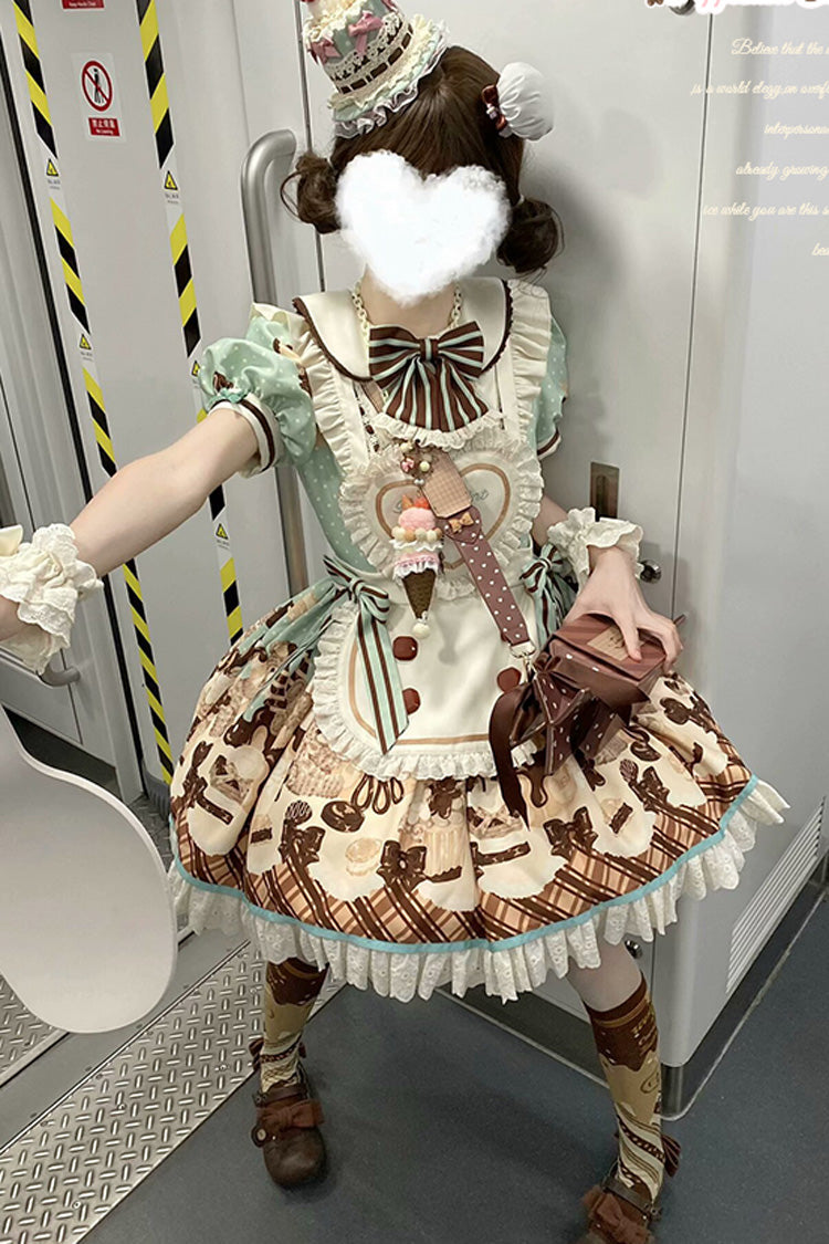 Brown [Peppermint Chocolate] Chocolate Cake Bear Print Ruffle Bowknot Lace-Up Sweet Lolita Dress - Product - 13