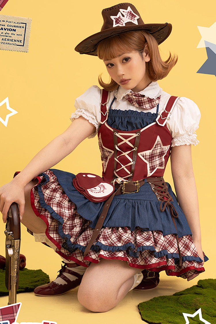 Red/Blue [Apple Trap] Triple-Layered Print Ruffle Lace-Up Sweet Lolita Jsk Dress Two-piece Set - Product - 4