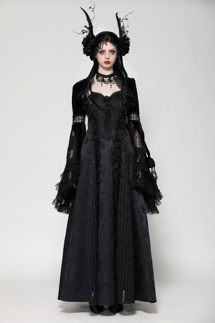 Black Long Puff Flared Sleeves Ruffled Lace Spliced Velvet Women's Gothic Cape - Product - 5