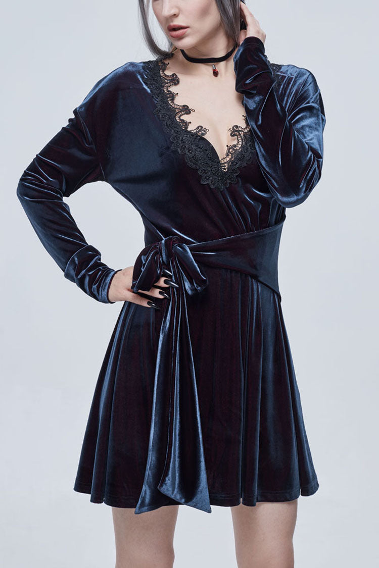 Black/Red Gothic Lace V Neck Bow-Knot Frenulum Velvet Long Sleeve Women's Dress - Black - 1
