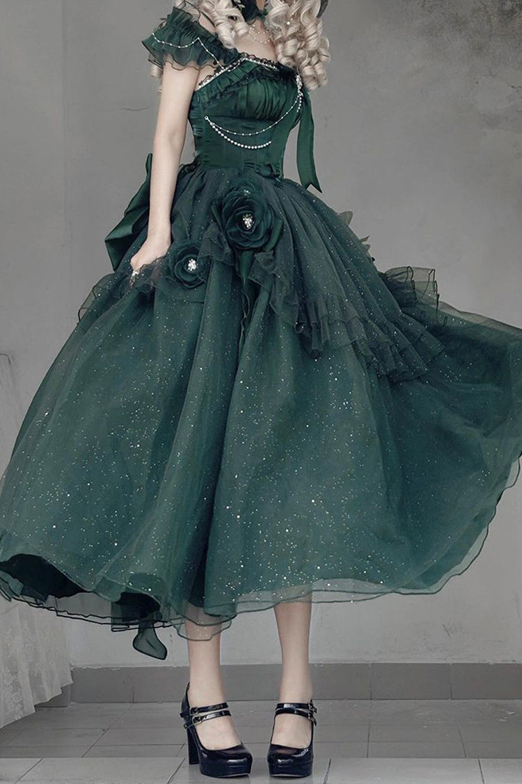 Green [Bright Stars] Off Shoulder Ruffle Bowknot Asymmetric Sweet Elegant Princess Lolita Dress - Product - 11