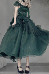 Green [Bright Stars] Off Shoulder Ruffle Bowknot Asymmetric Sweet Elegant Princess Lolita Dress - Product - 11