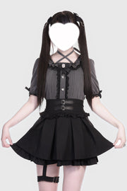 Black Leather Buckle Leg Ring Double-Layered Ruffle Sweet Jirai Kei Japanese Skirt - Black - 1
