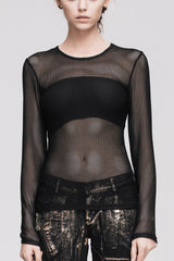 Black See-Through Sexy Hexagonal Mesh Long Sleeve Women's Punk T-Shirt - Black - 1