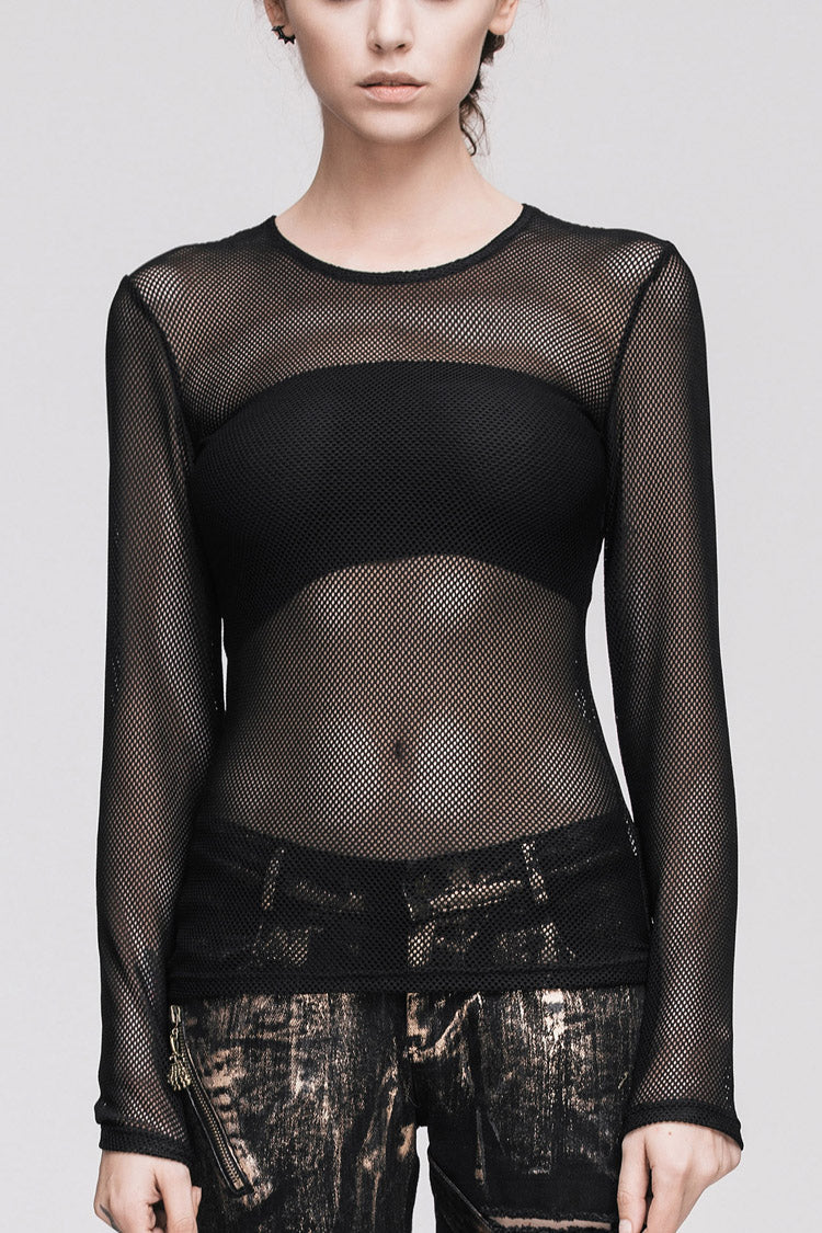 Black See-Through Sexy Hexagonal Mesh Long Sleeve Women's Punk T-Shirt - Black - 1