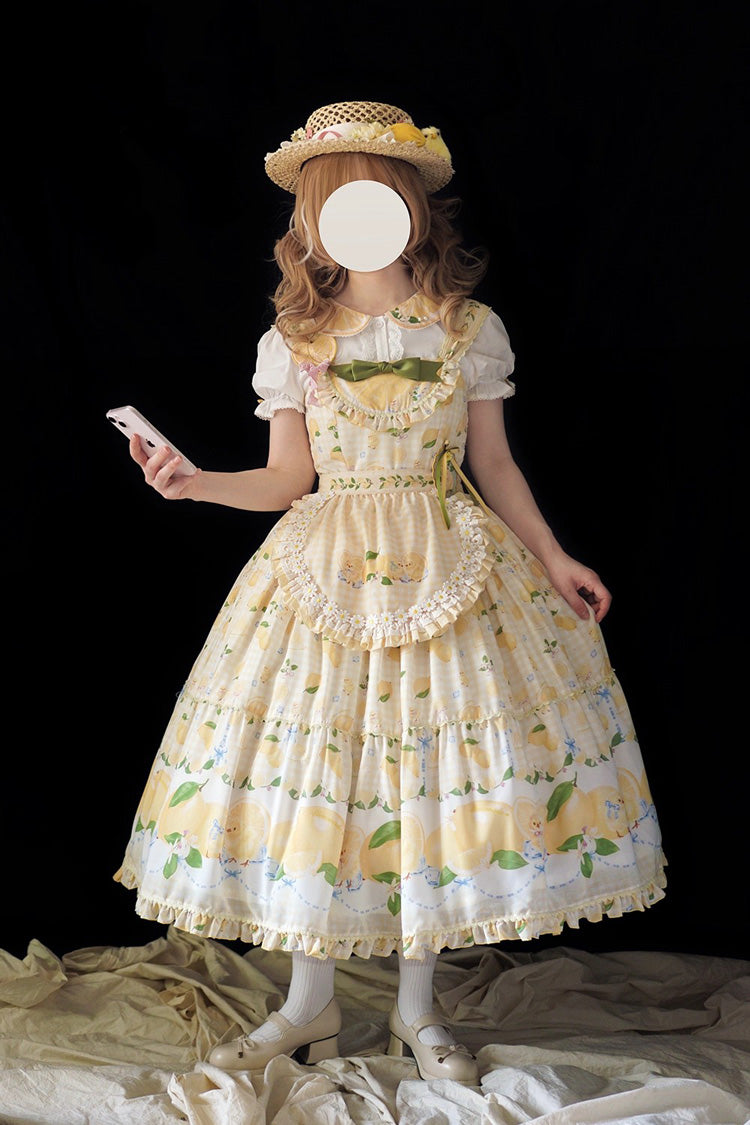 Yellow [Lemon Chicken] Print Ruffle Bowknot Lace Sweet Lolita Jsk Long Dress - Product - 2