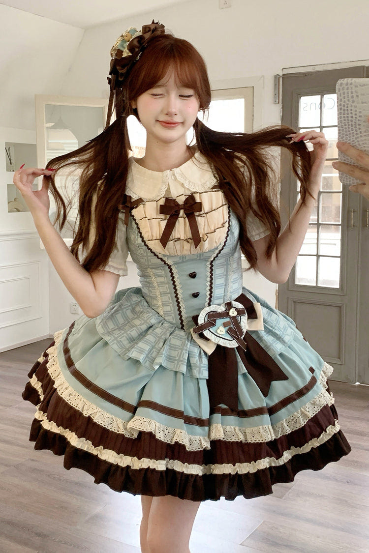 Green/Brown [Mint Chocolate] Sleeveless Triple-Layered Ruffle Bowknot Sweet Lolita Jsk Dress - Product - 4
