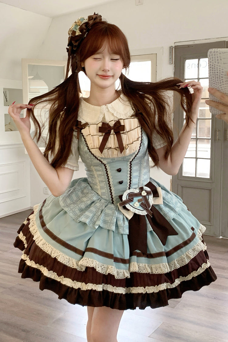 Green/Brown [Mint Chocolate] Sleeveless Triple-Layered Ruffle Bowknot Sweet Lolita Jsk Dress - Product - 4