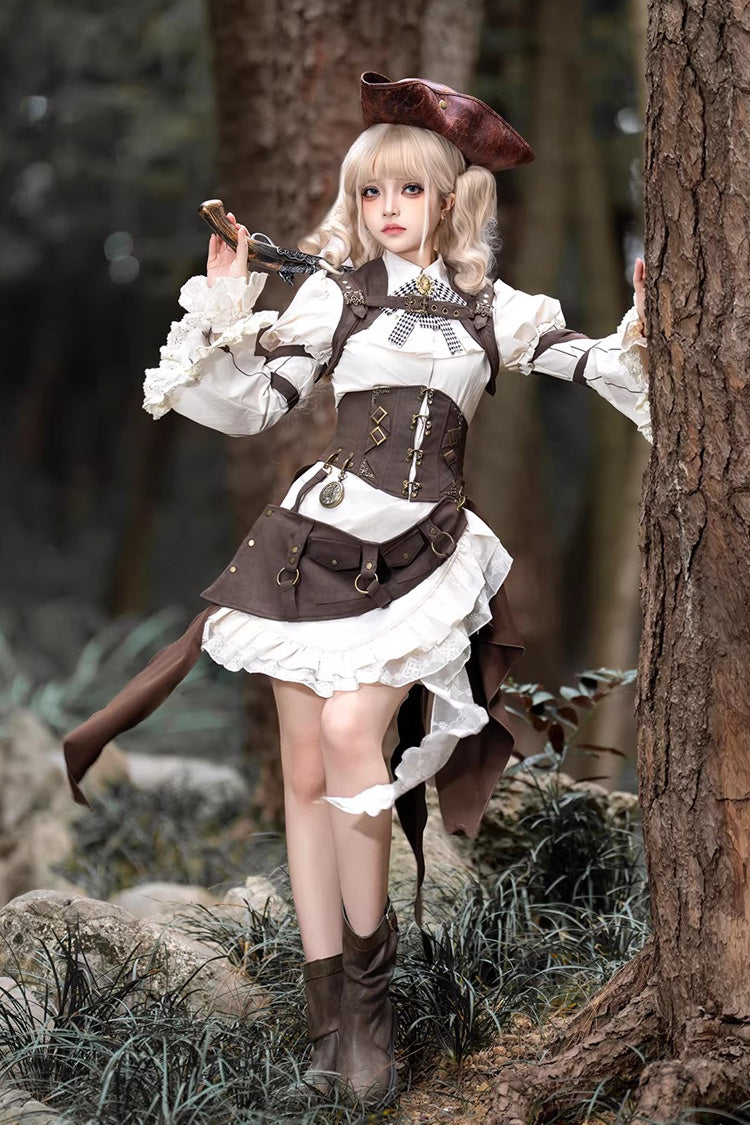White/Brown [Time Capsule Pirate Style] Long Sleeves Ruffled Irregular Gothic Vintage Elegant Lolita Skirt Set - Product - 4