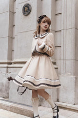 Light Tan Doll Collar Bowknot Autumn Winter Sweet College Style Lolita Dress Two Piece Set - Product - 6
