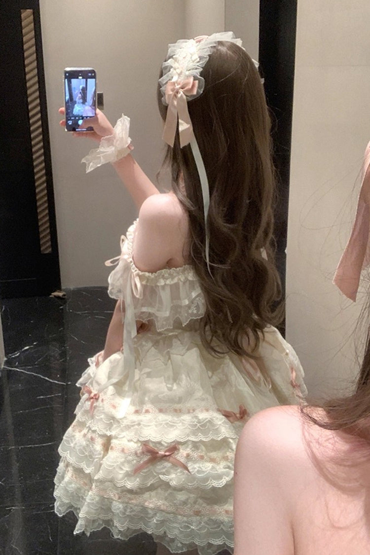 Apricot [Flora Isle Butterfly] Sleeveless Ruffle Bowknot Lace Lace-Up Sweet Elegant Lolita Jsk Dress - Product - 8