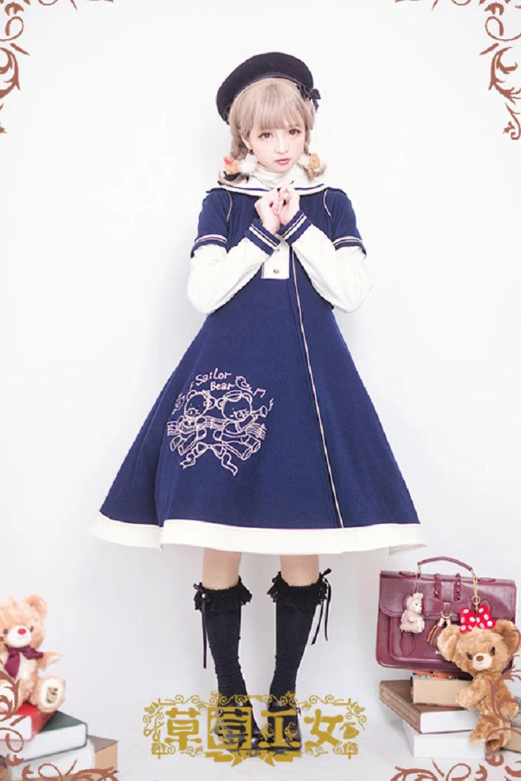 Bear Print Embroidery Long Sleeves Bowknot Sweet Lolita Woolen Coat 2 Colors - Product - 2