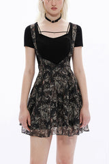Black Super Cool Chiffon Lace Cat Print Straps Waist Low Cut A-Shaped Wide Hem Suspender Gothic Women's Skirt - Black - 1