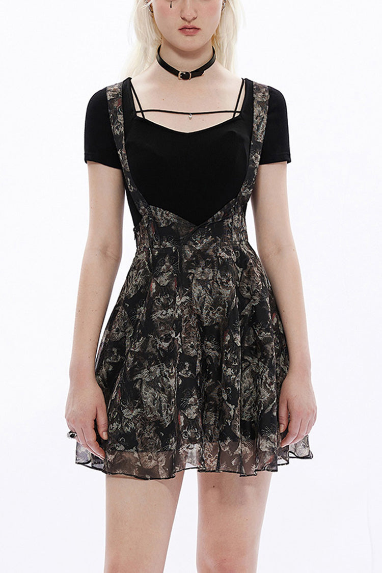Black Super Cool Chiffon Lace Cat Print Straps Waist Low Cut A-Shaped Wide Hem Suspender Gothic Women's Skirt - Black - 1