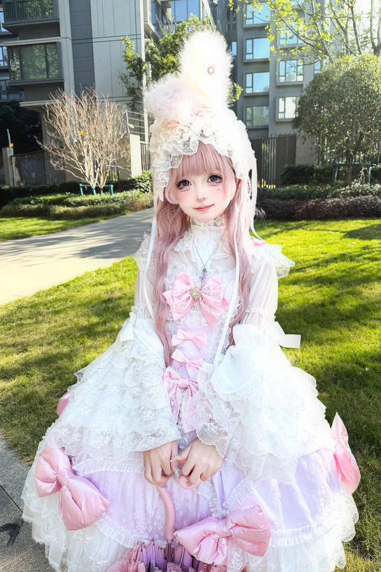 Pink/Purple [Flower Dream Isle] Square Collar Multi-Layered Ruffled Bow Lace Sweet Lolita Jsk Dress - Product - 3