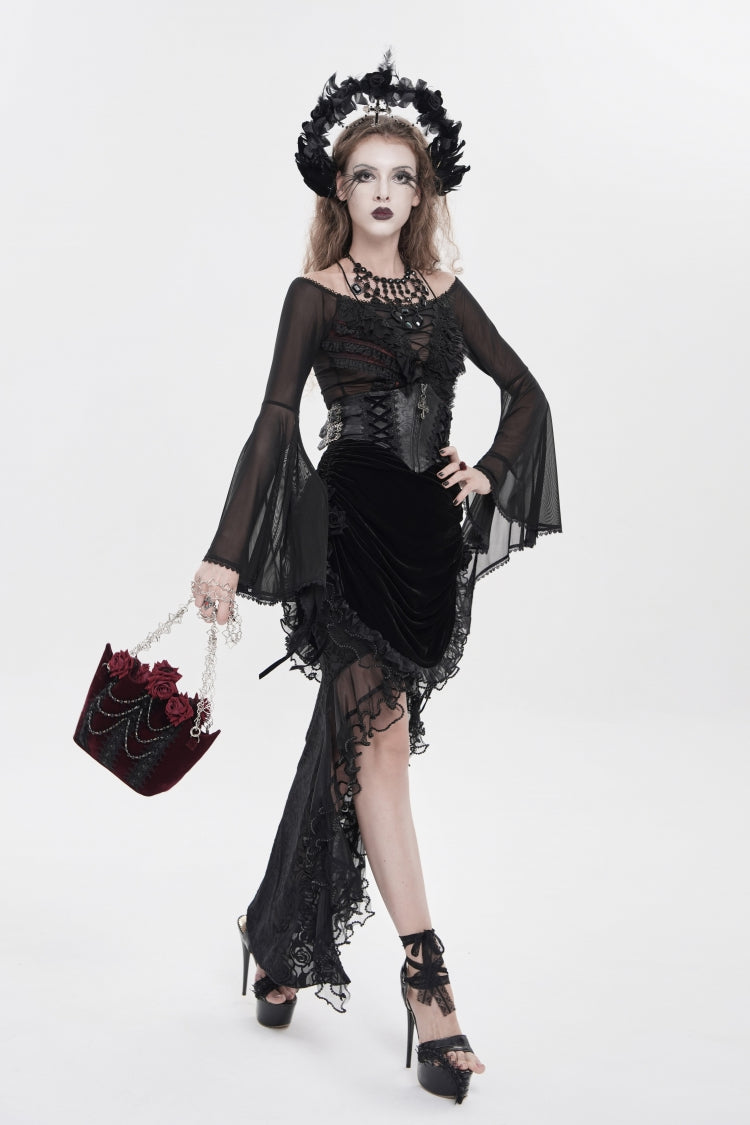Black Embroidered Rose Lace-up Irregular Women's Gothic Hem Skirt - Product - 8