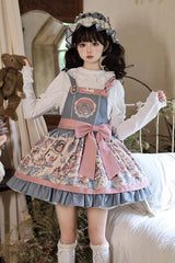 Blue Doll Print Ruffle Bowknot Sweet Lolita Strap Dress - Blue - 1
