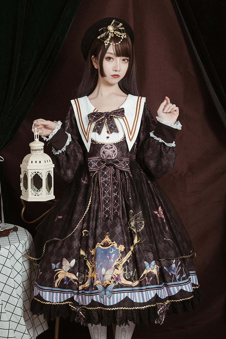Black Navy Collar Long Sleeves Butterfly Print Ruffle Bowknot Gothic Elegant Princess Lolita Dress - Product - 5