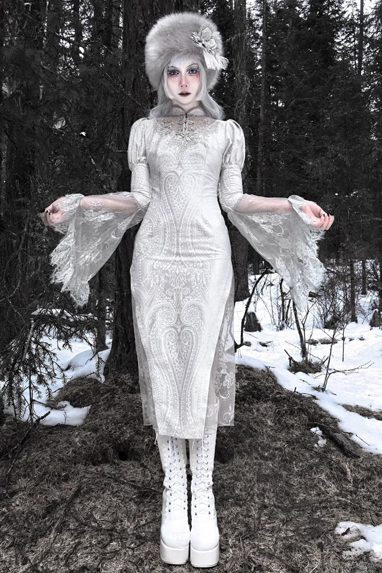Silver [The Call of the Snow Country] V Collar Long Sleeves High Waisted Ruffle Lace Gothic Lolita Fishtail Dress - Product - 10