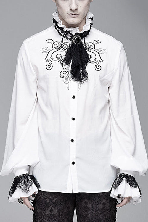 White Chiffon Embroidered Long Sleeves Mens Gothic Blouse - White - 1