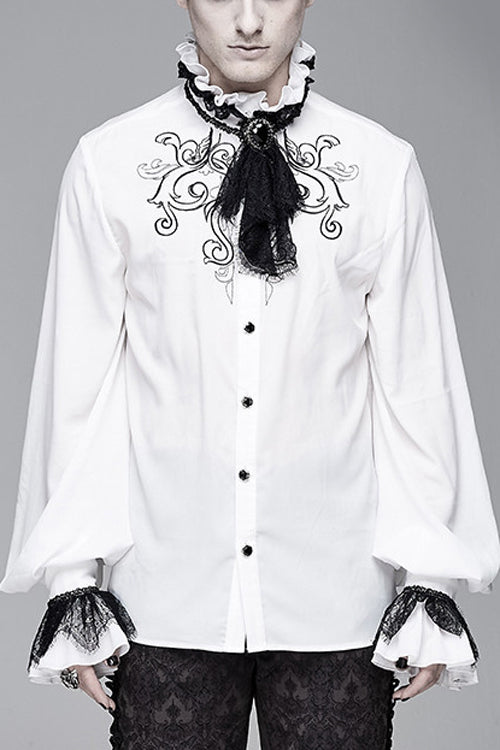 White Chiffon Embroidered Long Sleeves Mens Gothic Blouse - White - 1
