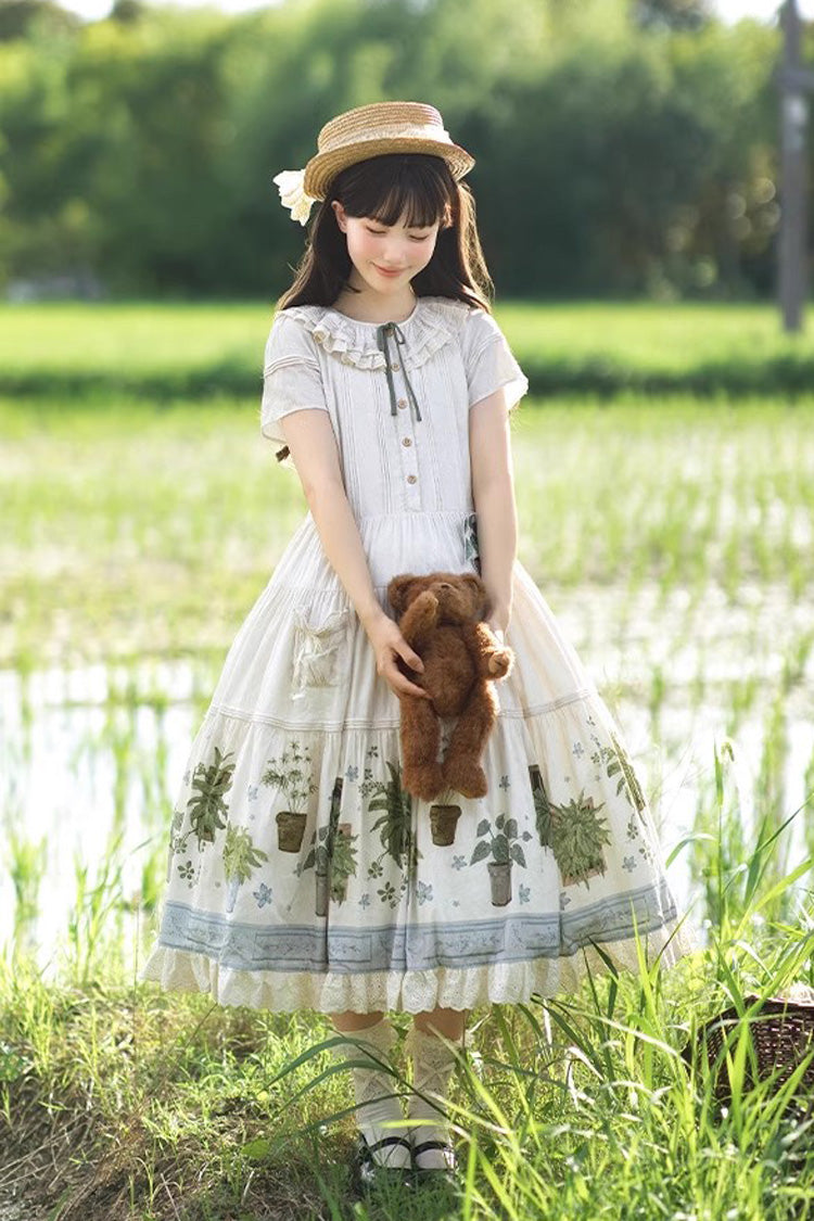 Ivory [Potted Plant] Short Sleeves Print Ruffle Sweet Lolita Dress - Product - 5