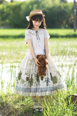 Ivory [Potted Plant] Short Sleeves Print Ruffle Sweet Lolita Dress - Product - 5