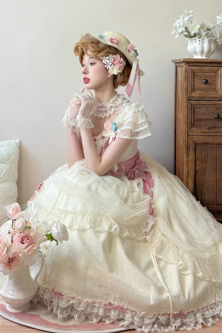 Yellow [Sakura’s Spring Resonance] Sleeveless Ruffled Bow Sweet Lolita Jsk Dress (Long Version) - Product - 3