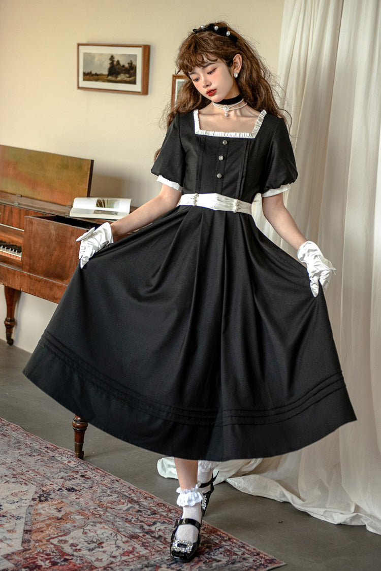 Black [Random Thoughts] Square Collar Short Sleeves Ruffle Classic Vintage Elegant Lolita Dress - Product - 5