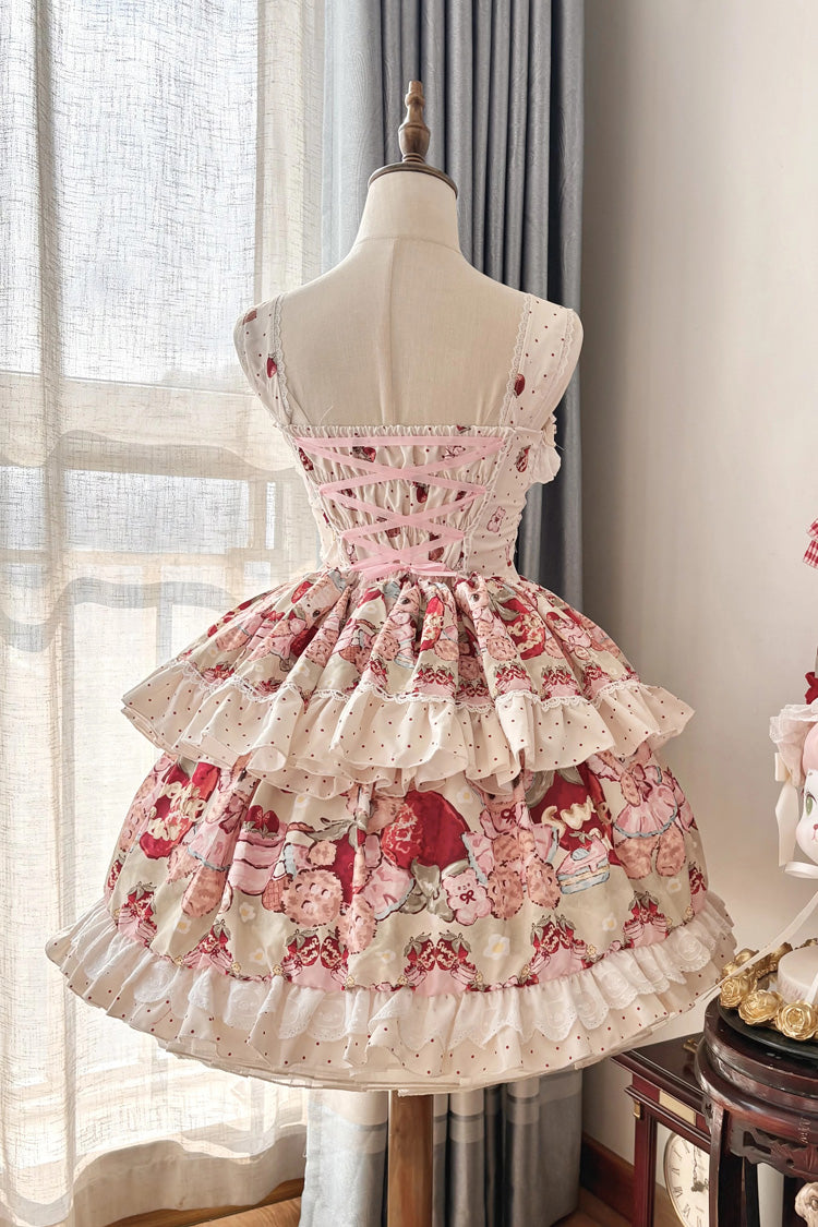 Ivory [Strawberry Bear] Sleeveless Double-Layered Print Ruffle Bowknot Sweet Princess Lolita Jsk Dress - Product - 2