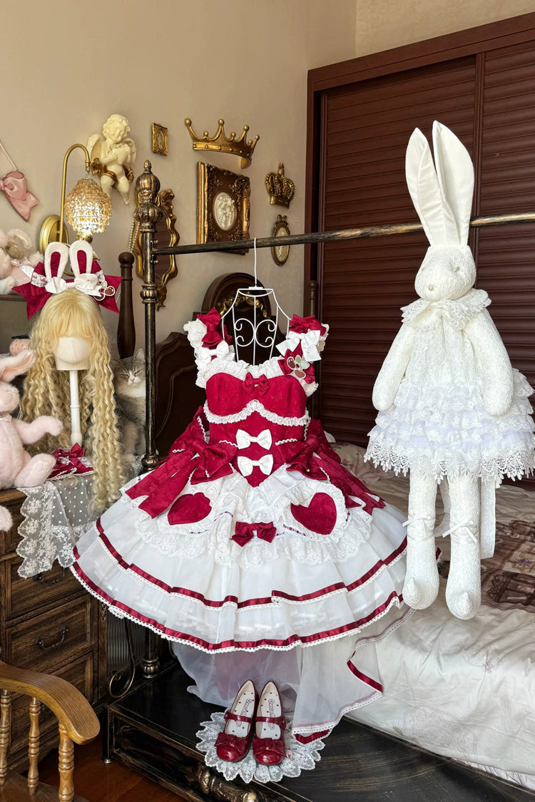 Red [Velvet Rabbit] Sleeveless Multi-Layered Ruffled Bow Sweet Lolita Jsk Dress Set - Product - 9