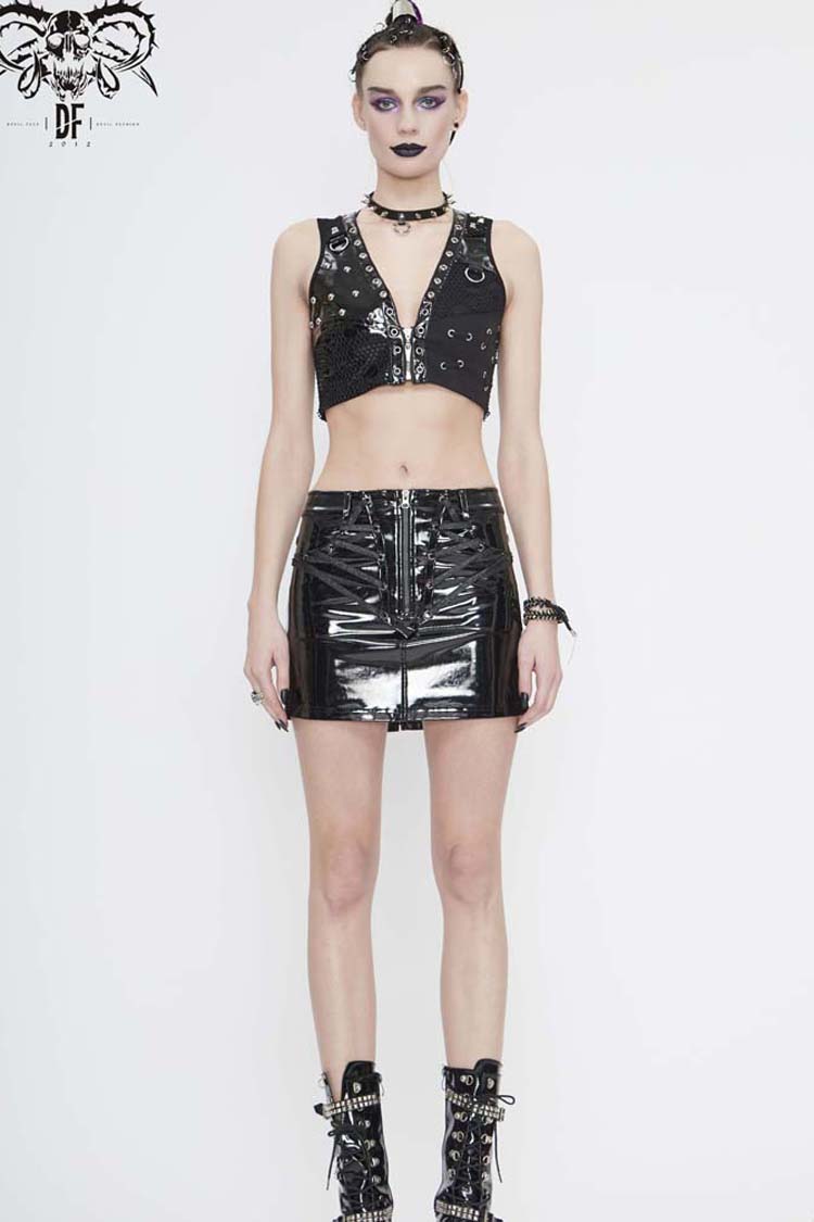 Black Short Leather Splice Mesh Asymmetrical Heavy Metal Decoration Women's Punk Waistcoat - Product - 4