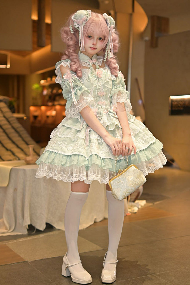 Green [Rain of Peaches] Sleeveless Multi-Layered Bowknot Lace Sweet Chinese Style Lolita Jsk Dress - Product - 4