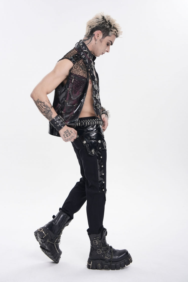 Black Stand Collar Sleeveless Spliced Mesh Studded Zippered Chain-Decorated Eyelet Men's Punk Vest - Product - 4