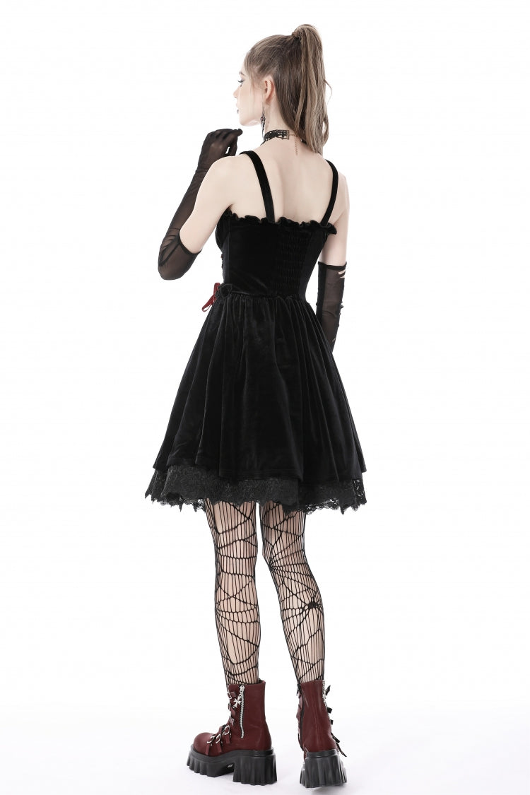 Black/Red Cross Lace-Up Strappy Women's Gothic Velvet Slip Dress - Product - 4