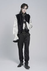 Black Stand Collar Sleeveless Jacquard Embroidered Buckled Pleated Men's Gothic Vest - Product - 10