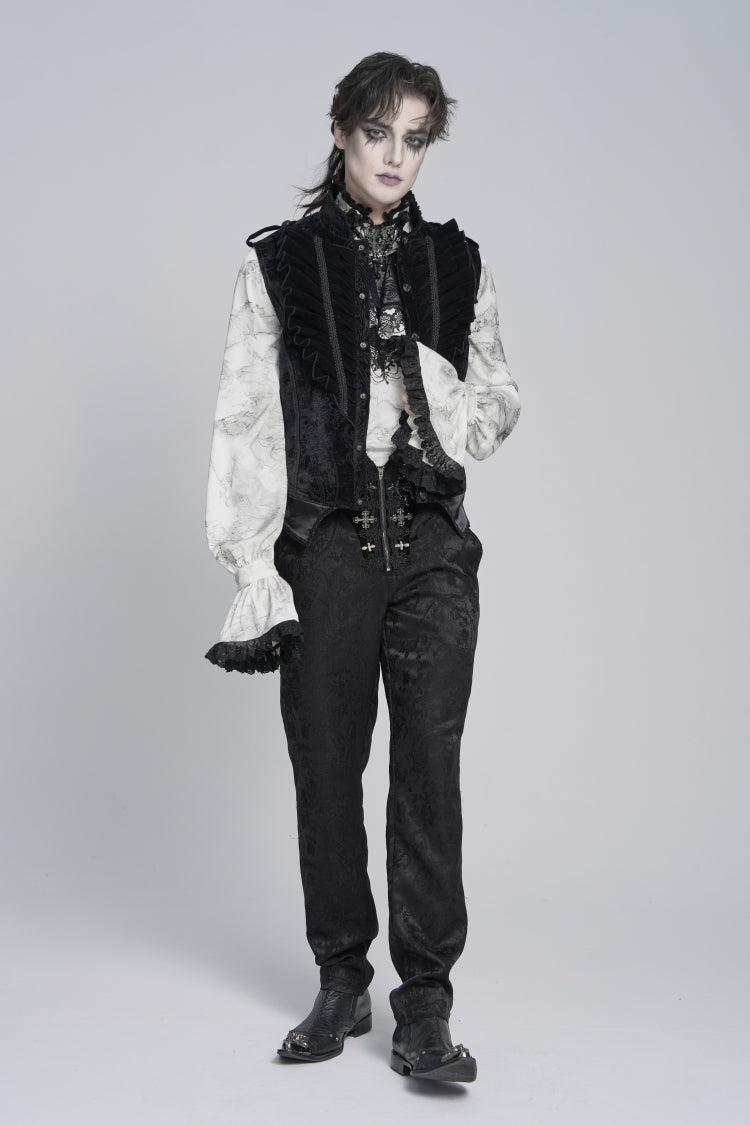 Black Stand Collar Sleeveless Jacquard Embroidered Buckled Pleated Men's Gothic Vest - Product - 10