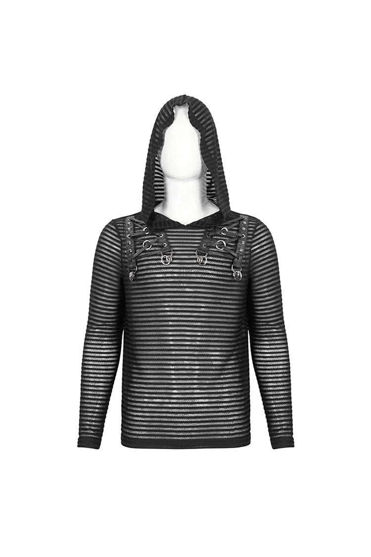 Black Striped Sheer Long Sleeve Men's Punk Sweatshirt Hooded - Product - 7