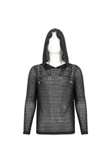 Black Striped Sheer Long Sleeve Men's Punk Sweatshirt Hooded - Product - 7