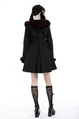 Black Long Sleeves Crescent Moon Bow Spliced Double-breasted Women's Gothic Coat with Cat Ear Hood - Product - 7