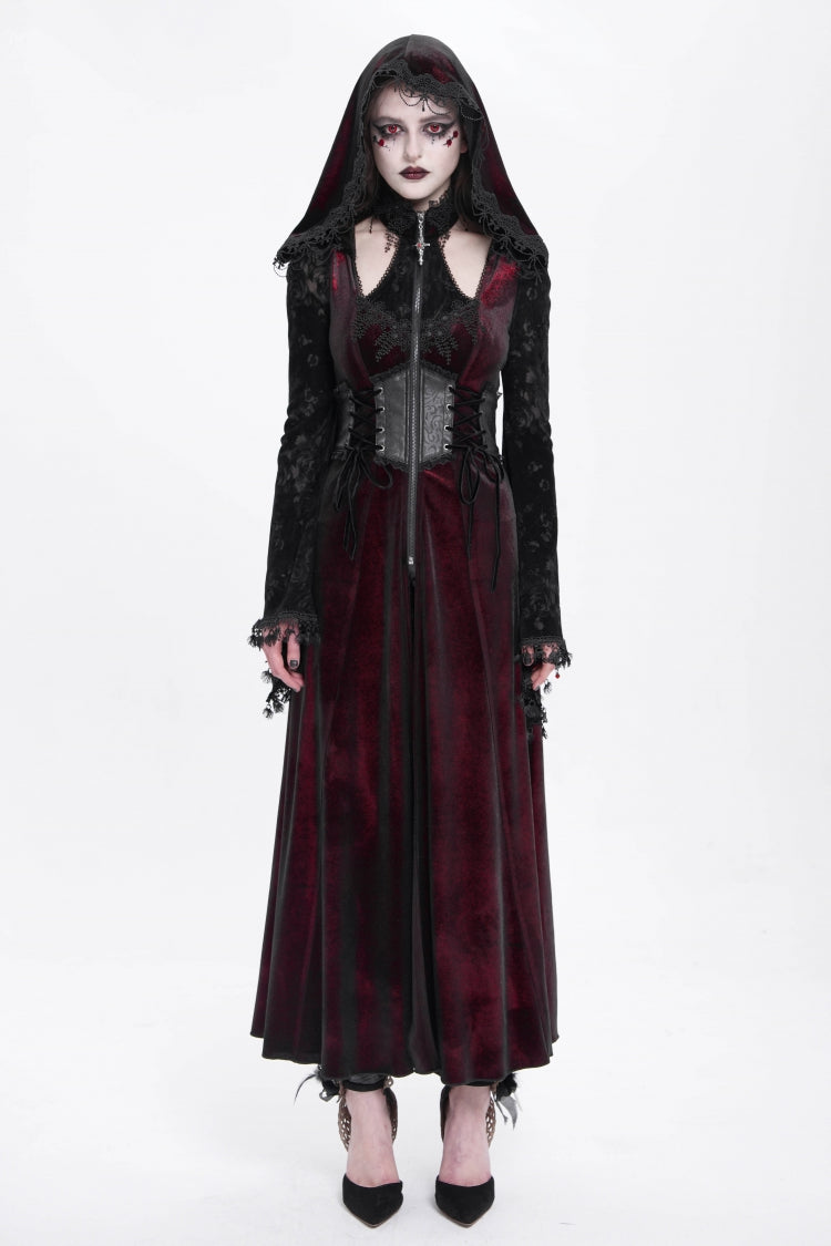 Red Long Sleeves Hollow Embroidery Hooded Ripped Women's Gothic Dress Coat - Product - 2