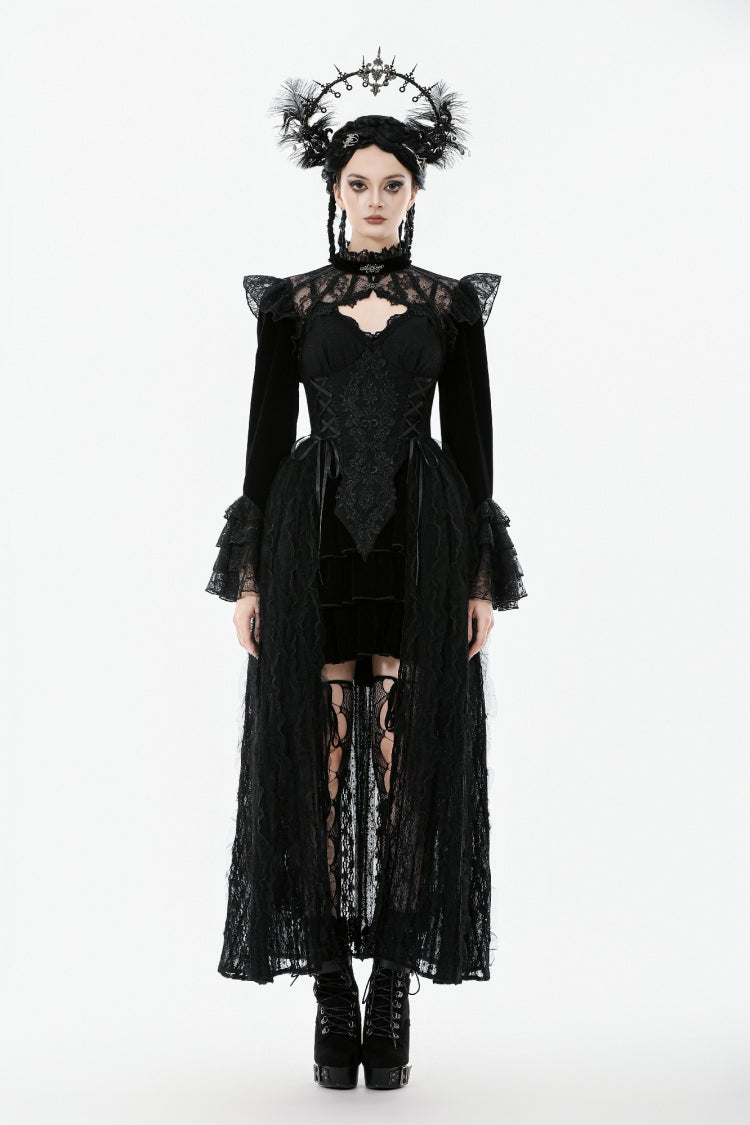 Black Stand Collar Long Flared Sleeves Lace Spliced Velvet Women's Gothic Cape - Product - 6